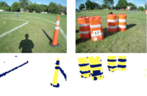 Images from the robot course with semantic segmentation outlines beneath